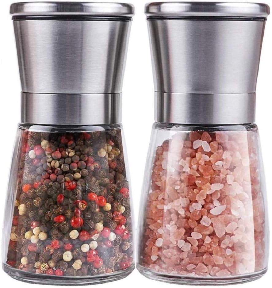 Dravina Salt & Pepper Shaker | Premium Glass & Stainless Steel Container | Refillable Containers with Adjustable Grinders | Masala Container for Kitchen (Set of 1 & 2) (Small Pack of 2, 2)