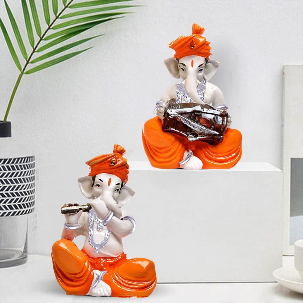 Xtore Musical Ganesha Pair for Home Decor | Brings Prosperity - (Orange and White, Pack of 2)(Resin)