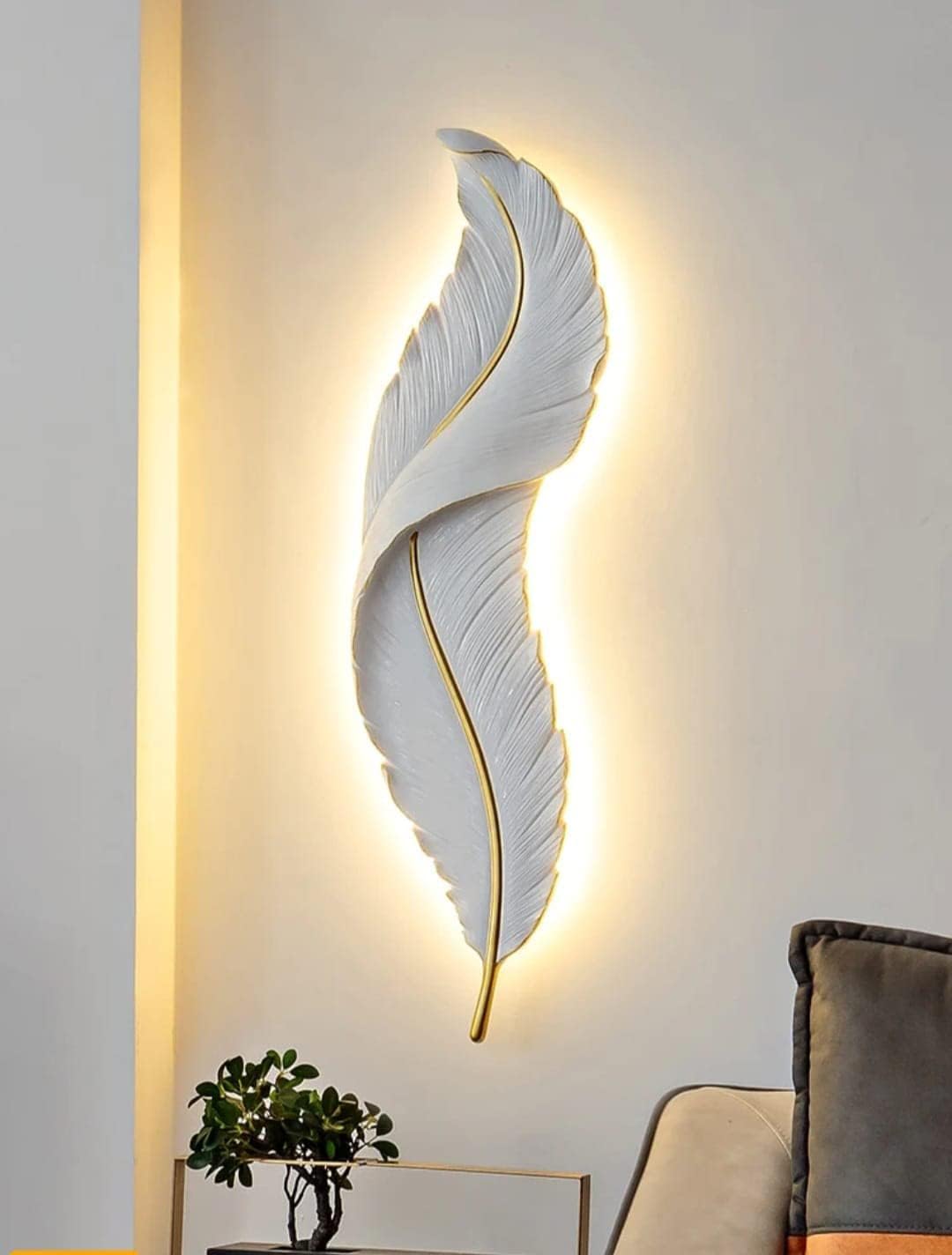 Modern Art & Craft's® Royal Led Wall Sconce for Bedroom Luxury White Best Living Room Light Fixture Modern Feather Design Indoor Lustre Woos Lamps (24"x9" Inch)(White/Gold)