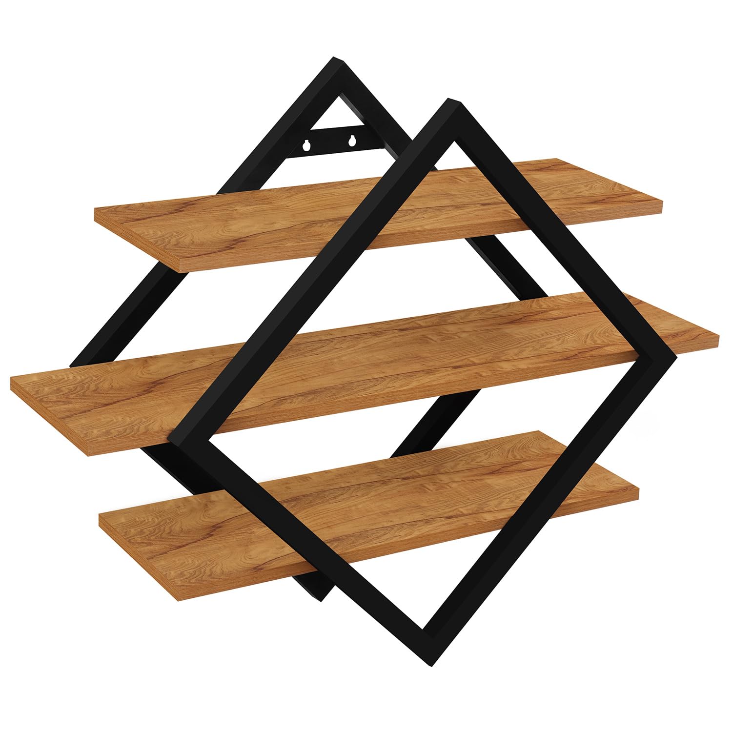 ABOUT SPACE 3 Tier Wall Shelf with Diamond Shape Metal Frame Engineered Wood Multipurpose DIY Storage Organizer Display Rack Showcase for Living Room, Bedroom, Kitchen, Kids Room, Office (Wood Color)