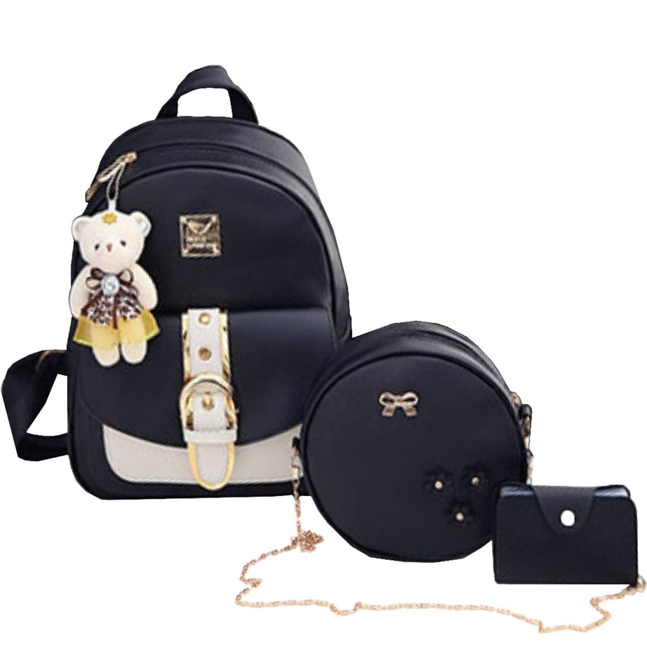 TYPIFY® 3 pieces fashion Pu Leather Women Backpack Korean Style Backpack Teddy Bear Keychain Women Girls College Backpack Bag. Gift for Her (Black-WhiteBelt)