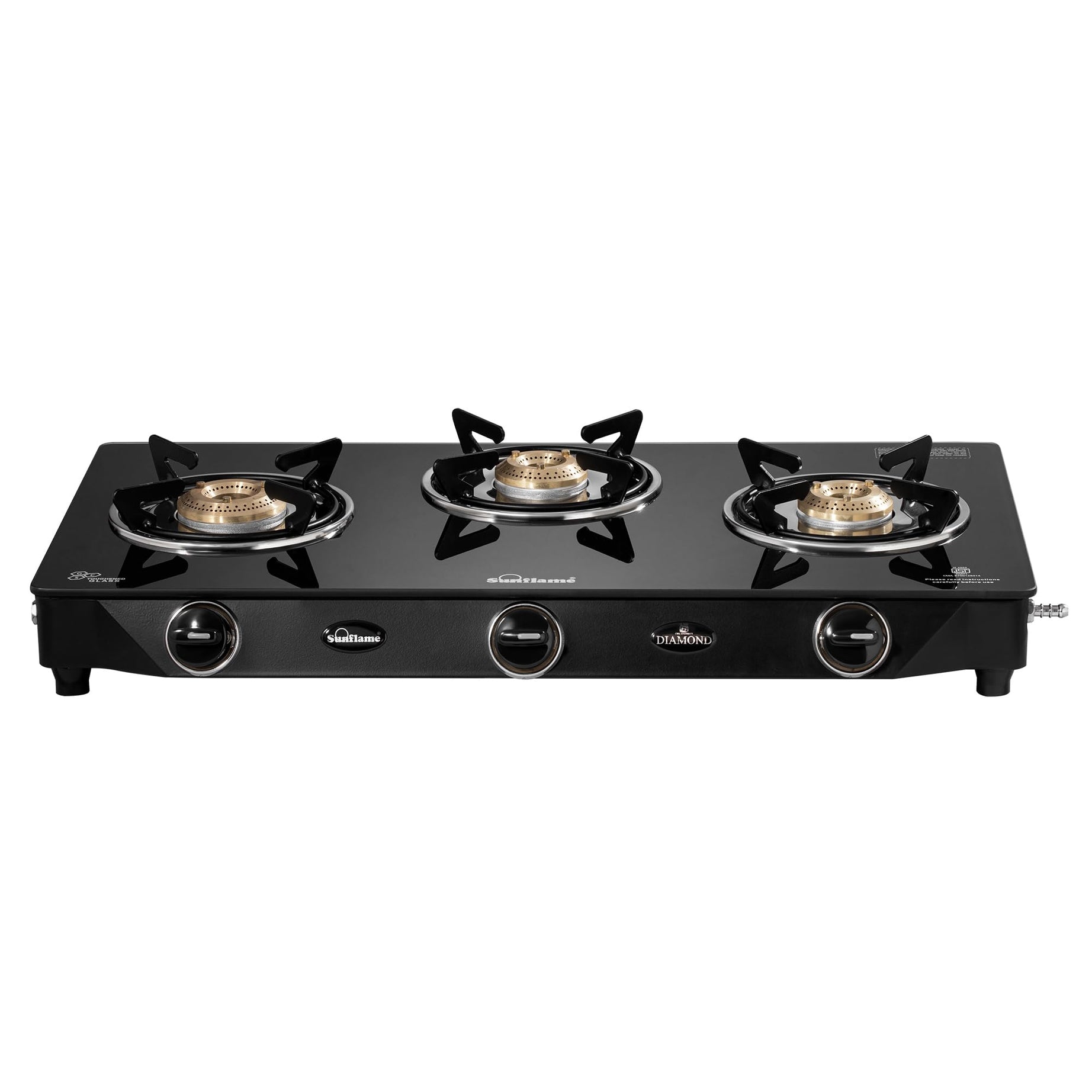 Sunflame Diamond 3 Burner Gas Stove | 1 Medium & 2 Small Brass Burners | 2-Years Product Coverage | Heat Resistant Ergonomic Knobs | Easy To Maintain | Toughened Glass Top | Pan India Presence - Open