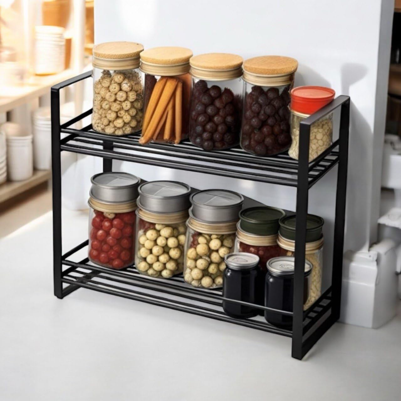 Craft Mshopr 2-Tier Spice Rack Organizer, Medium Size Black Iron Spice Holder for Kitchen Countertop and Cabinet, 13" Length x 5" Width x 11" Height, Compact Kitchen Spice Shelf Storage Solution