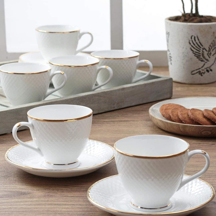 Femora Ceramic Gold Line Diamond Cut White Cup Set with Saucer, 200 ML, 6 Cups, 6 Saucers