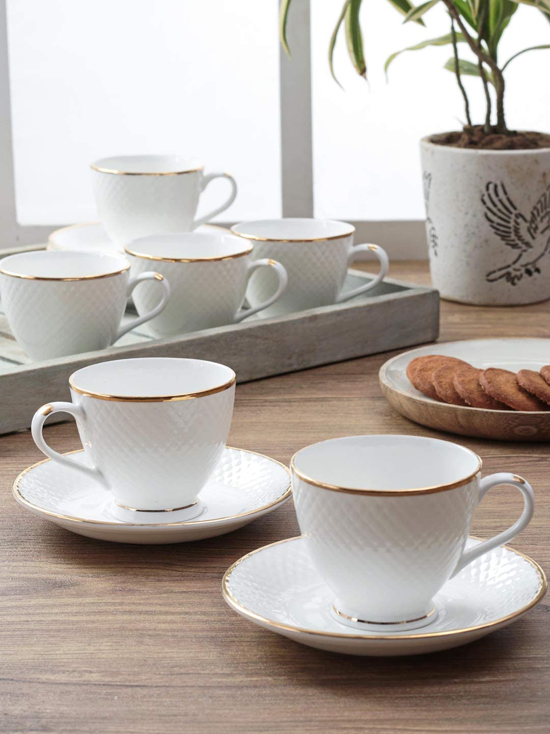 Femora Ceramic Gold Line Diamond Cut White Cup Set with Saucer, 200 ML, 6 Cups, 6 Saucers