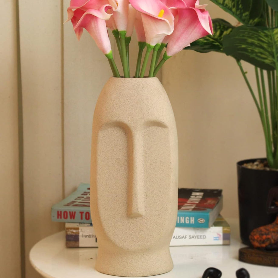 TIED RIBBONS Ceramic Face Shape Flower Vase Pot (9.8 inch x 3.9 Inch, White) for Artificial Flowers Plants Home Decor Office Bedroom Living Room Farmhouse Table Corner Decoration Items