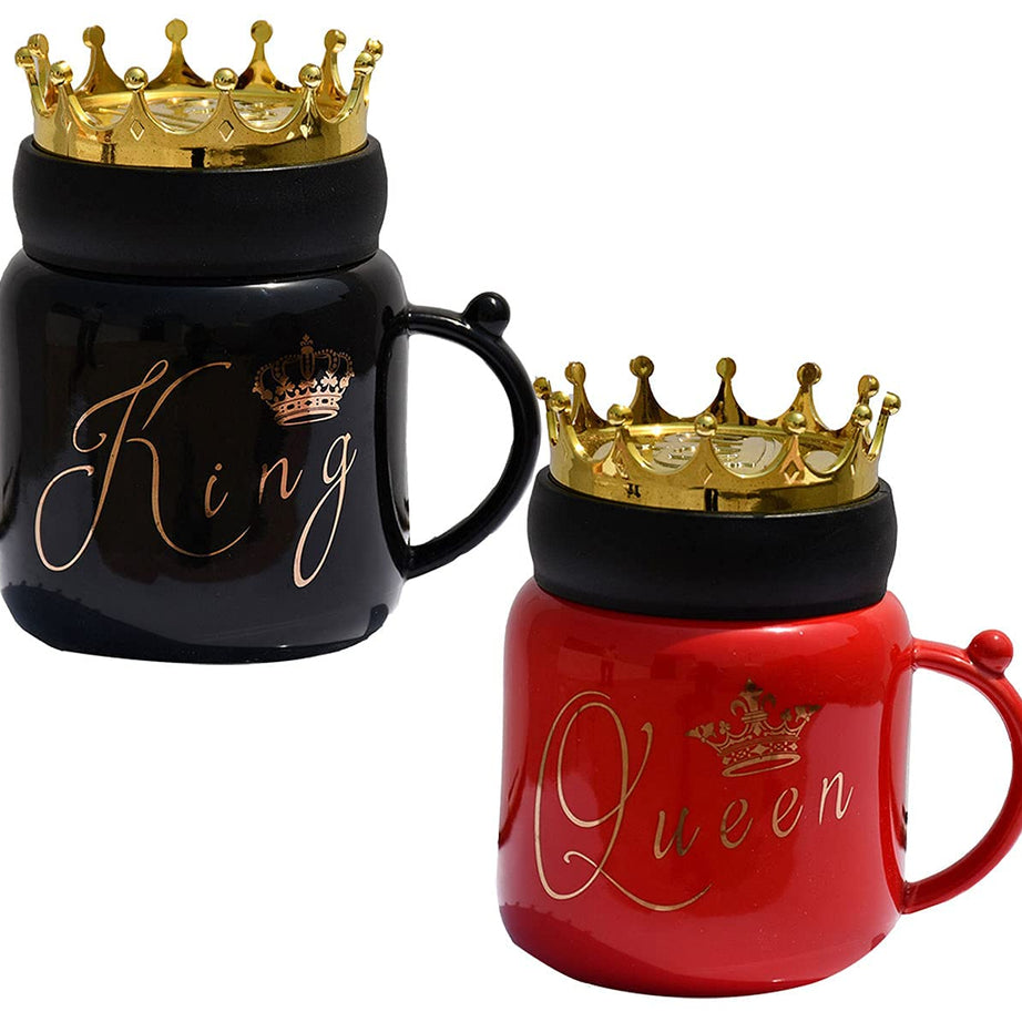 Nyrwana Coffee Mug, Anniversary Gift for Couple Special, Couple Gifts, Wedding Gift for Couples, Coffee Mug with Lid, Marriage Gifts for Couples, King and Queen Mug (400ml - Red & Black)