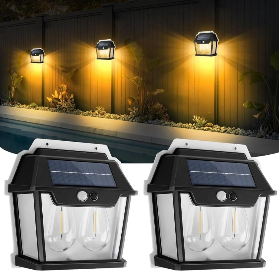 Neo Elect Solar Motion Sensor LED Double Lamp Warm White Light Outdoor for Home Wall Room Balcony Garage Backyard Garden (Pack of 2)