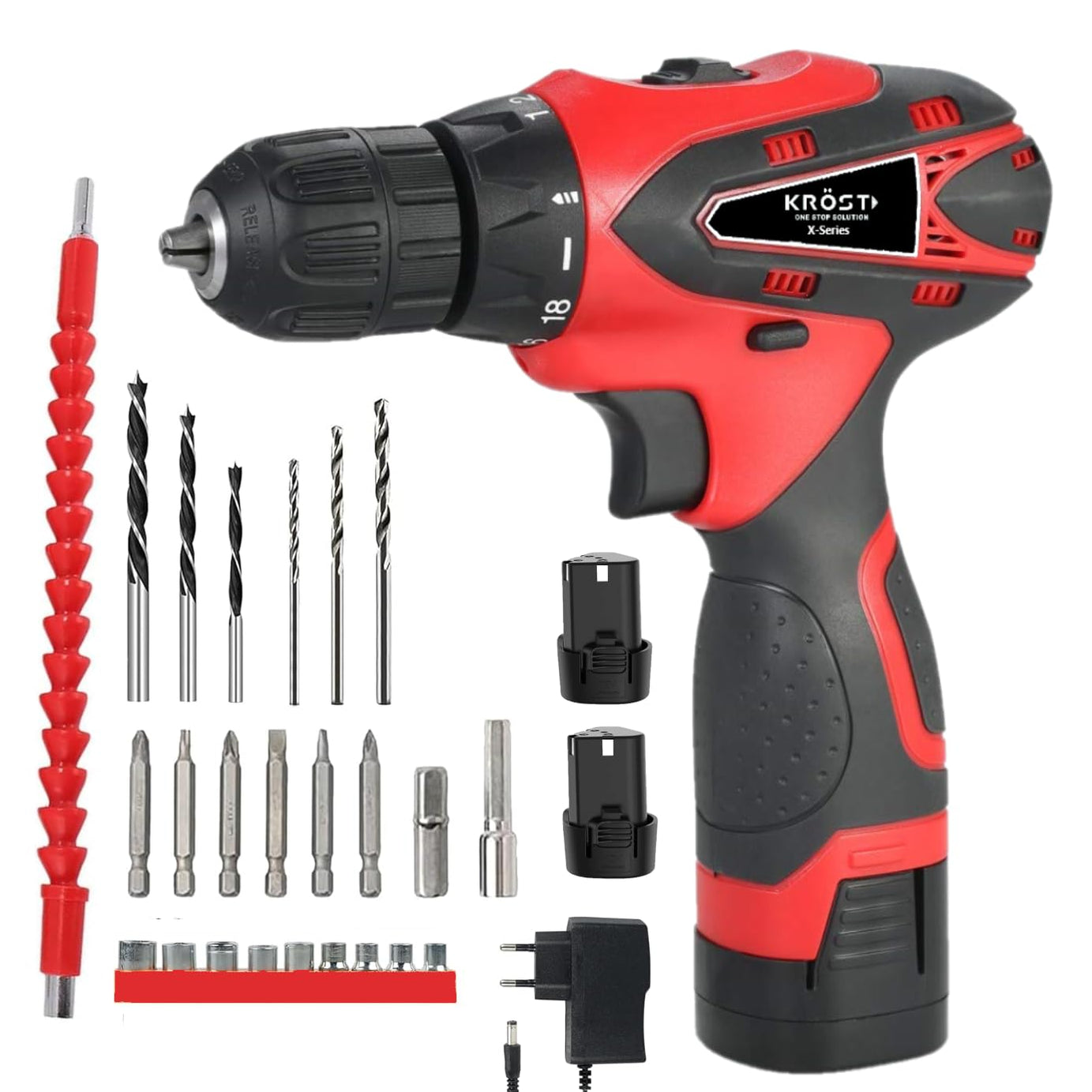 KROST-X-SERIES 12V Li-ion Dual Speed 10mm Keyless Chuck Drill |Cordless Drill Kit | Drill Driver | Screwdriver with 2 Batteries, LED Torch Variable Speed and Torque Setting Extra 20 Tools