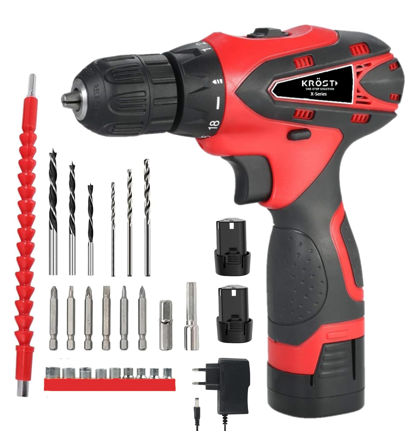 KROST-X-SERIES 12V Li-ion Dual Speed 10mm Keyless Chuck Drill |Cordless Drill Kit | Drill Driver | Screwdriver with 2 Batteries, LED Torch Variable Speed and Torque Setting Extra 20 Tools