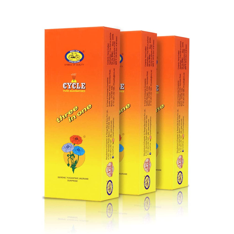 Cycle Pure Agarbatti Three in One Incense Sticks || Pack of 3 (202gm per Pack) || 3 Signature Fragrances Floral, Woody, Lily I Natural Fragrance for Puja, Meditation, Refreshing Ambience