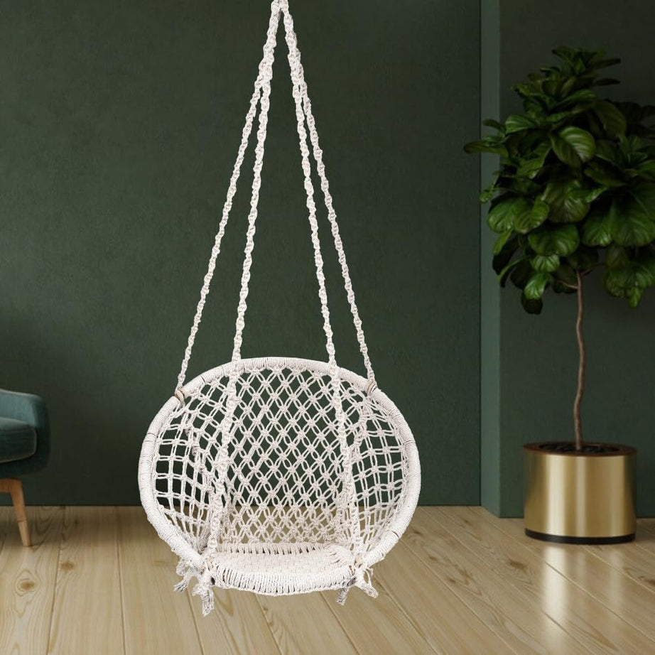 Swing for Adults/Jhula for Adults/Wooden Swing for Living Room/Swing for Balcony/Swing for Adults for Home/Cotton Round Hammock Hanging Swing Chair Without Hanging Kit (White) by Patiofy