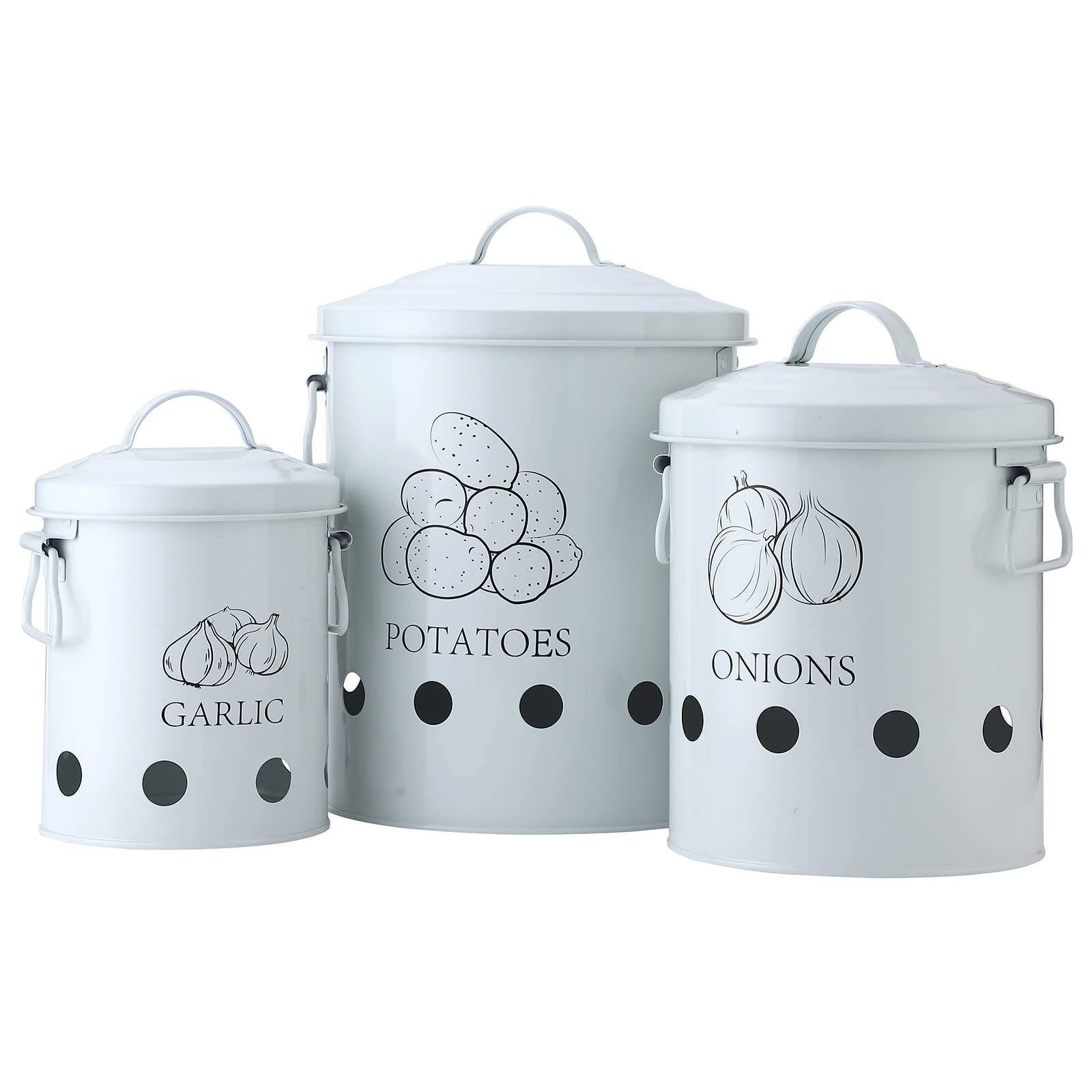 G.a HOMEFAVOR Set of 3 Antique Cream Vintage Potato Onion Kitchen Storage Canisters Jars Pots Containers 3 Pack Set, Potatoe, Garlic Bin Caddy, with Aerating Tin Storage Holes & Metal Lid