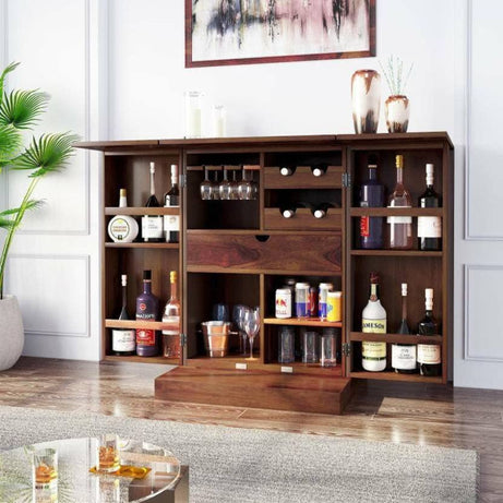 Varsha Furniture Solid Sheesham Wood Bar Cabinet for Living Room Rack Hard and Soft Drinks Wooden Storage Cabinets Home Wine Wisky Scotch All Type Drinks