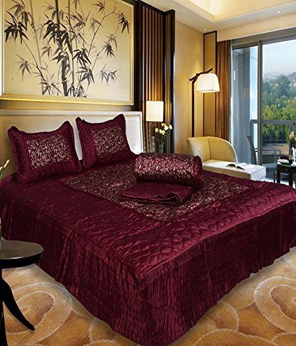 Jaxmom Luxury Satin King Size Floral Bedding Set of 4 Pieces (1 Bedsheet, 2 Pillow Cover, 1 AC Comforter, Maroon)