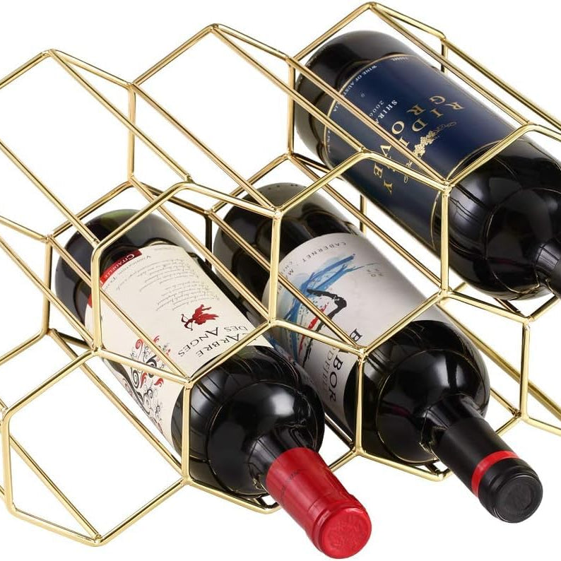 Kiwilon 9 Slot Metallic Wine Bottle Holder Rack for Bar Countertop Home Decor Storage Stand (Gold)