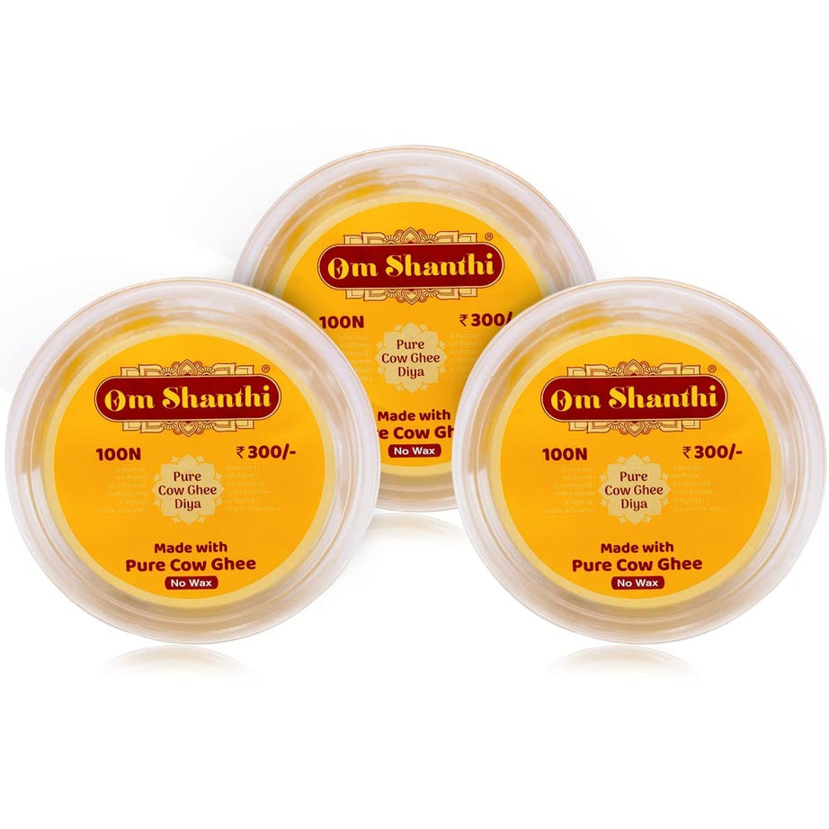 Cycle Pure Om Shanthi Cow Ghee Diya for Puja - 300 Ghee Wicks | 100% Wax free Ghee Batti for Pooja, Festivals & Religious rituals | Readymade Ghee Diya batti | Easy to use & long lasting | Pack of 3