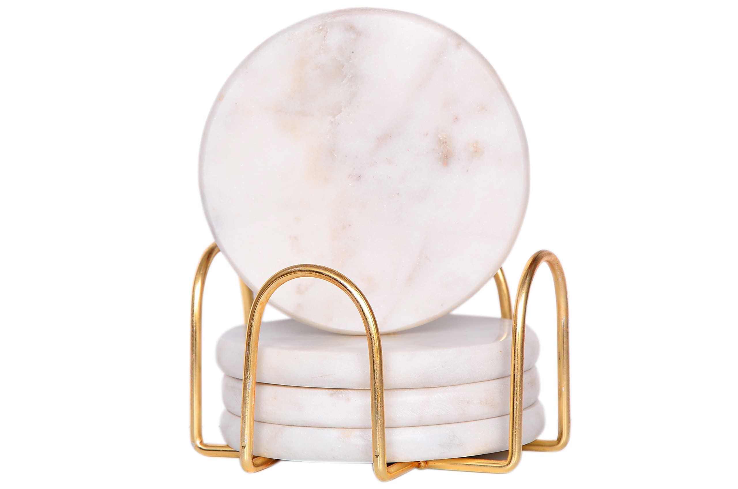 CentraLit Round White Marble Coasters Set of 4 with Stand - Bar Wine Coasters for Table - Set of 4 Vintage Handmade Marble Stone Coaster Set with Holder (Round Shape) (Gold)