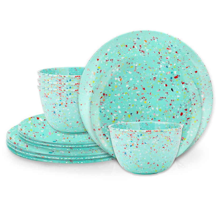 Zak Designs Confetti Melamine Dinnerware Set Includes Dinner Plates, Salad Plates, and Individual Bowls, Durable and Eco-Friendly (Mint, 12-Piece Dinnerware Set Service for 4, BPA Free)