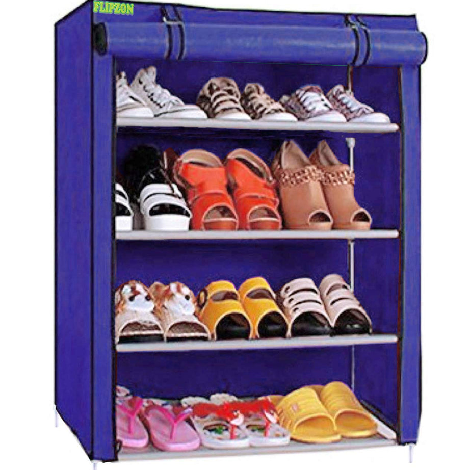 FLIPZON Multipurpose 4-Tiers Shoe Rack With Dustproof Zip Cover, Multiuse Wide Space Storage Rack Made By Non Woven Fabric For Footwear, Toys, Clothes (4 Shelves) (Blue)(Iron Pipes, Non Woven Fabric)