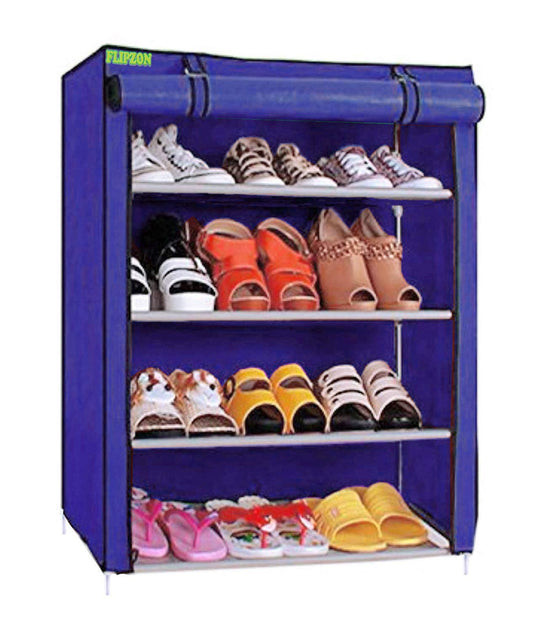 FLIPZON Multipurpose 4-Tiers Shoe Rack With Dustproof Zip Cover, Multiuse Wide Space Storage Rack Made By Non Woven Fabric For Footwear, Toys, Clothes (4 Shelves) (Blue)(Iron Pipes, Non Woven Fabric)