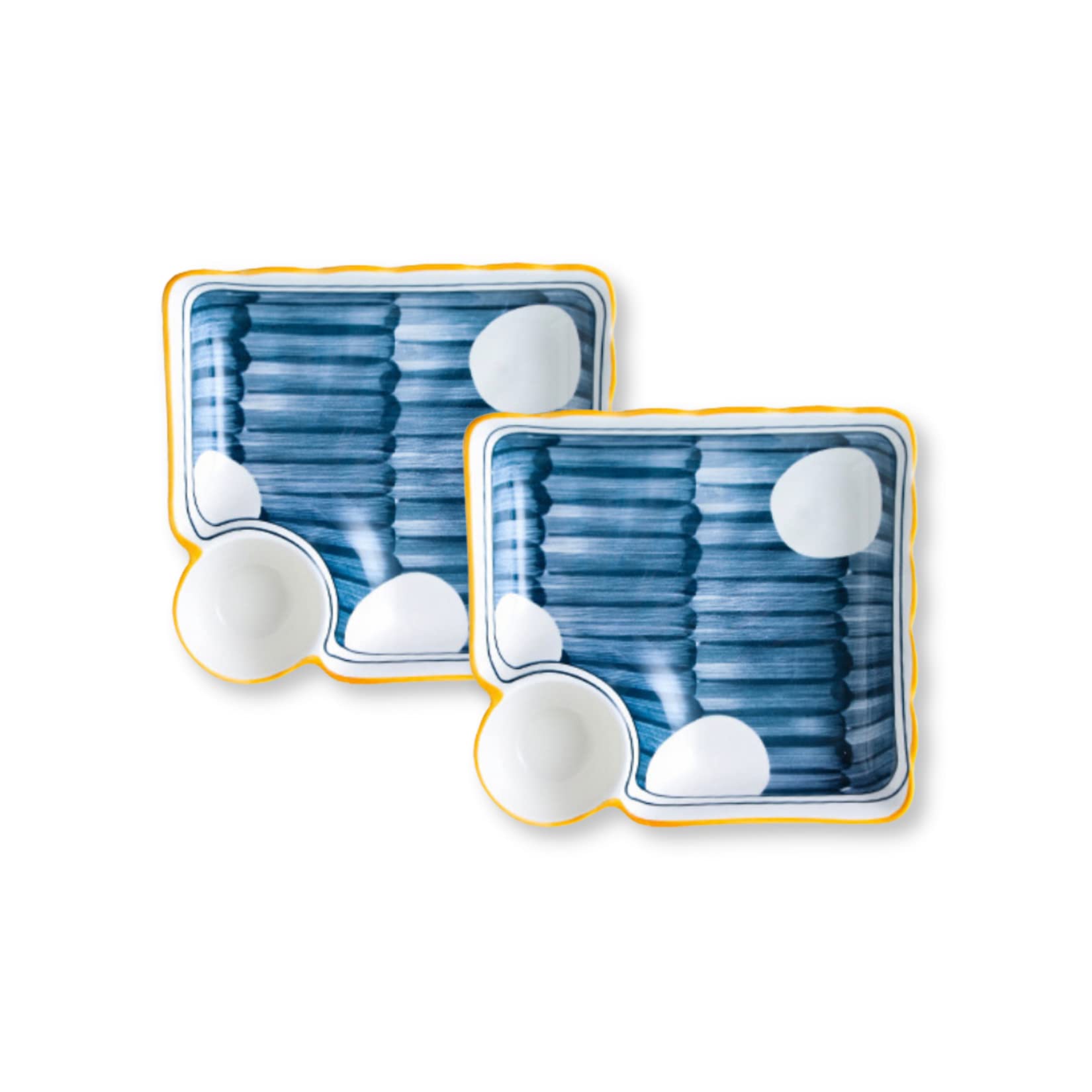 Nestasia White and Blue Polka Dot Nitori Ceramic Set of 2 Square Plates with Section for Serving Momos, Fries, Kebabs and Snacks (7.2 Inch)