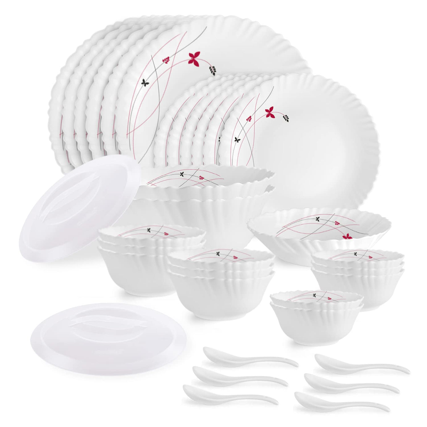 Cello Opalware Dazzle Series Lush Fiesta Dinner Set, 35 Units | Opal Glass Dinner Set for 6 | Light-Weight, Daily Use Crockery Set for Dining | White Plate and Multipurpose Bowl Set