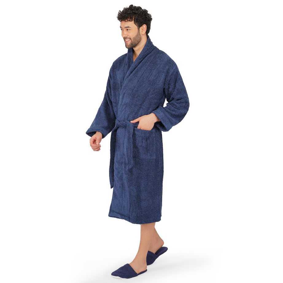 Rangoli 100% Cotton Premium Bathrobes, 550 GSM | Ultra-soft, Lightweight & Highly Absorbent Luxurious Bath Gown/Bath Robe With Matching Slippers, Navy Blue