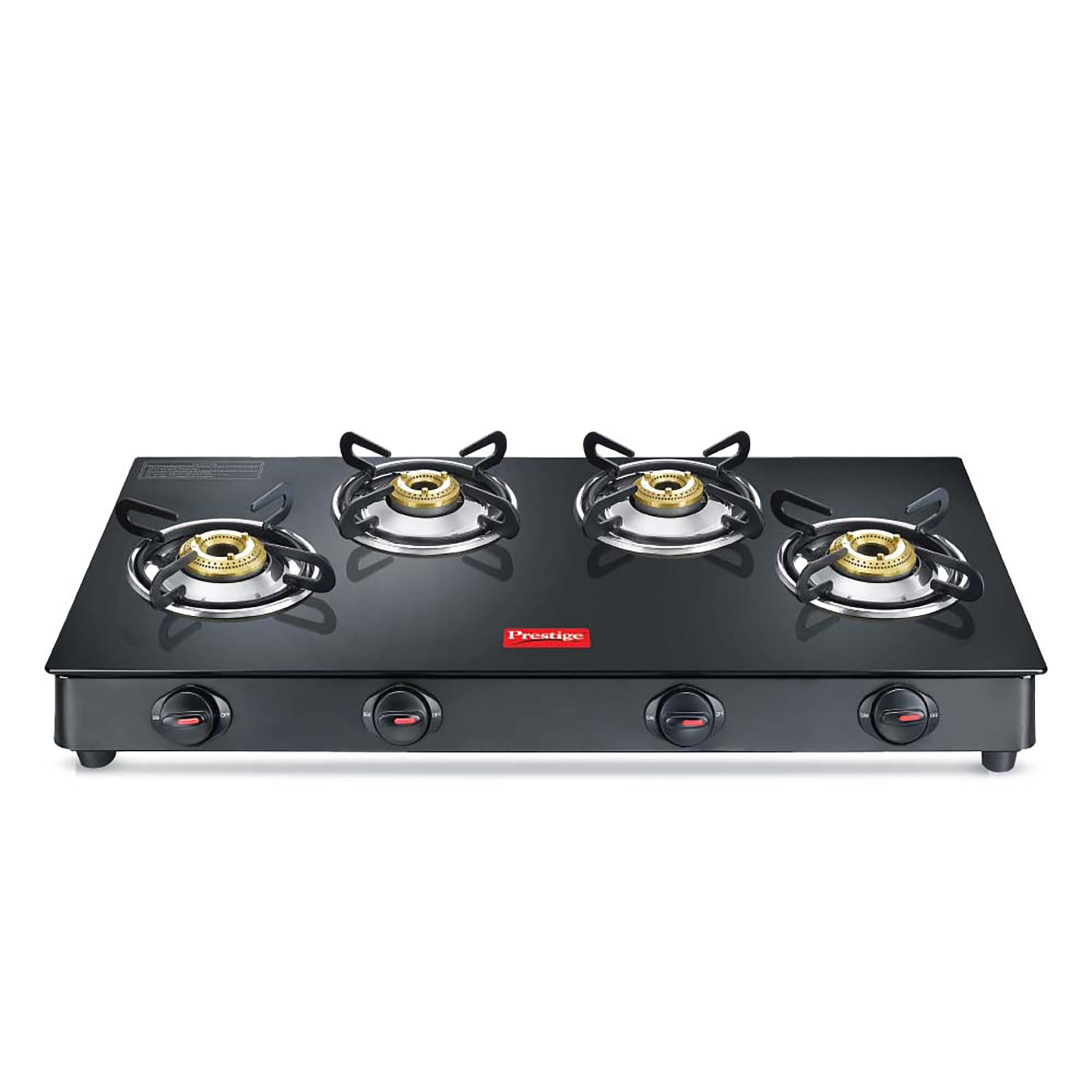 Prestige Magic plus Toughened Glass-Top(Long)4 Brass Burner LPG Gas Stove (GTMP-04L)| Black Spill Proof Design | Ergonomic Knob | Tri-Pin Burner