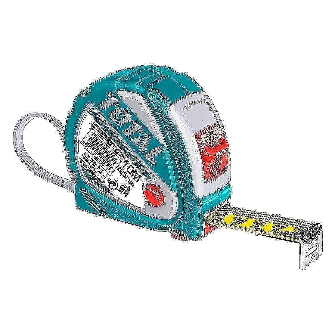 MR LIGHT TOTAL Steel Measuring Tape 10 m x25 mm, Metric and Inches, 3 Stop Button Function, Rubber Cover