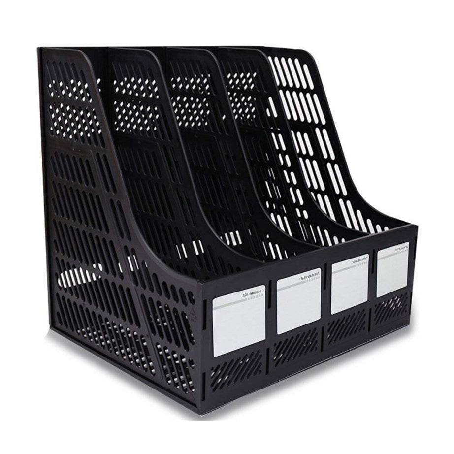 PRANIJ Desktop Magazine Holder Countertop Desk File Organizer 4 Compartments | Plastic Vertical File Dividers Book Holder & Cabinet Document Storage Rack (Black, Step Shelf)