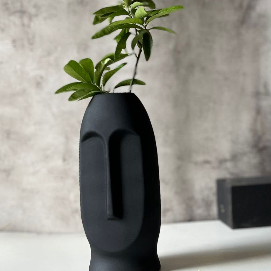 Craftribal Black Ceramic Abstract Face Vase | Ceramic Flower Vase | Matte(Rough) Finish, 10 Inches (Black)