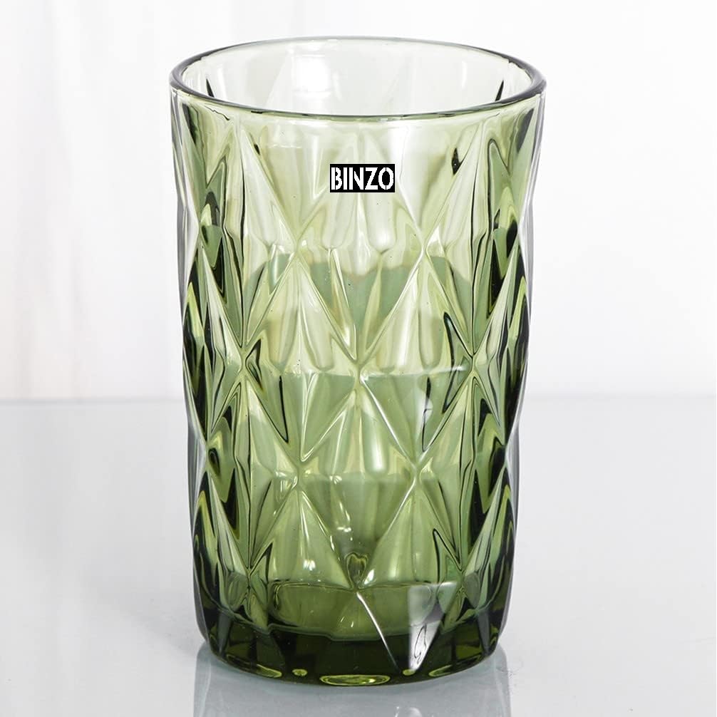 BINZO Color Water Glasses, Set of 6, 400 ml, Textured Green Highball Colored Glassware, Drinking Tumbler Glass for Juice, Drinks, Home, Kitchen, Beverage, Gift (Green, Long, 400 ml, Set of 6)