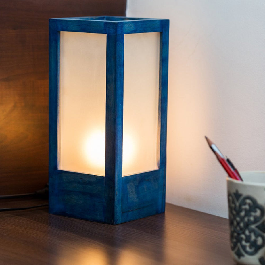 ExclusiveLane 'Frosted Glass' Wooden Table Lamp for Living Room & Bedroom (Sheesham Wood, 10 Inch, Blue, Without Bulb) |Bedside Lamp Table Lamp for Home Decoration Office Side Lamps for Office Desk