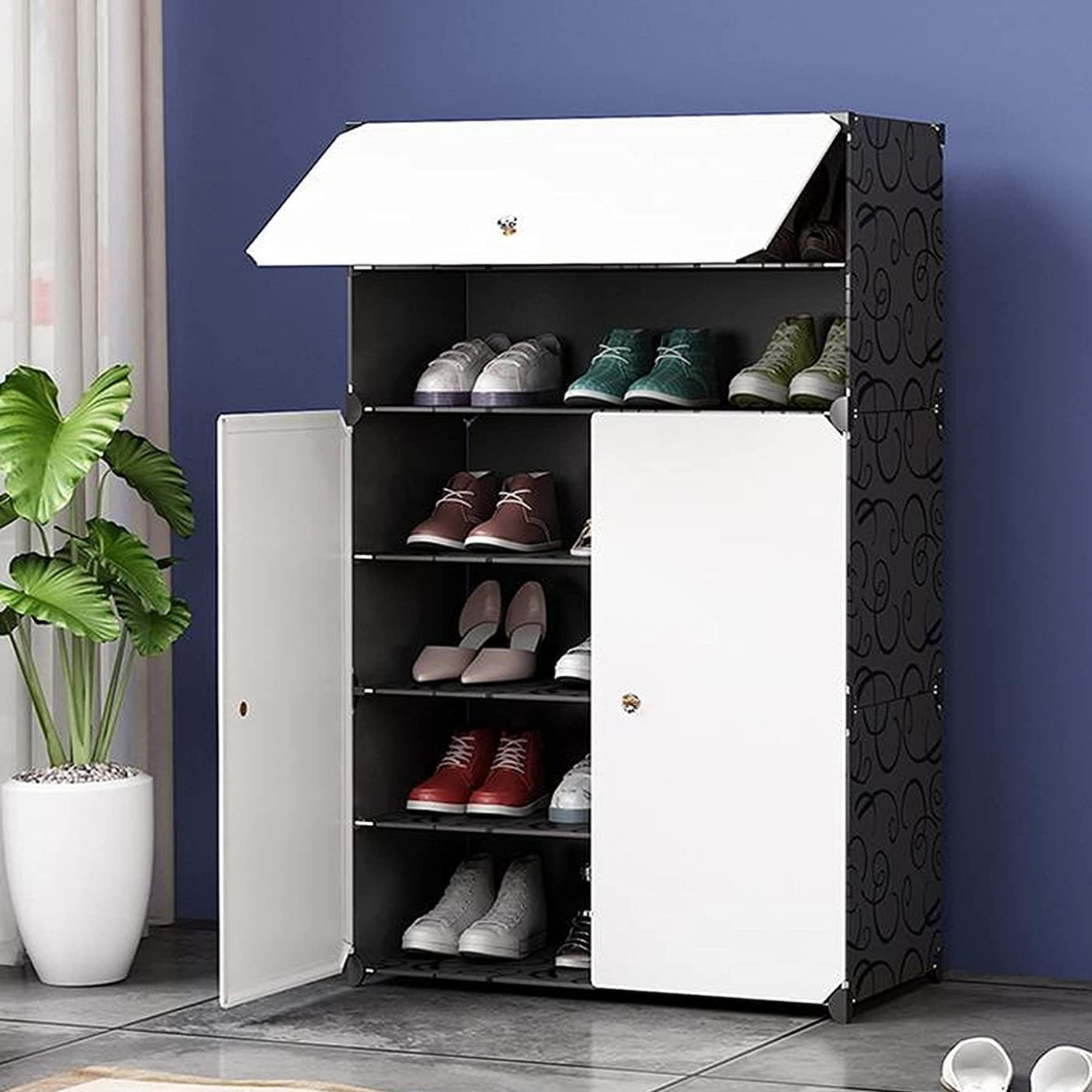 Zemic DIY Shoe Storage Cabinet, Plastic Shoe Rack Organiser to 30 Pair Shoes, foldable Shoe Storage with Shelves and Door for All Kinds of Shoes, Books, Toys and Clothing (6-Shelf, White)