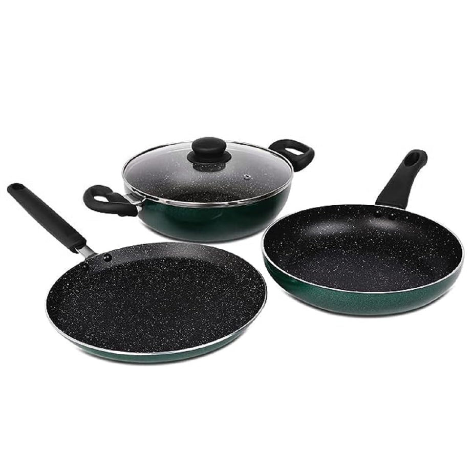 Prestige Omega Deluxe Non-Stick Cookware 3 Pc Set | PFOA Free 5-Layer Coating | Omni Tawa 25 cm | Fry Pan 24 cm | Kadai with Glass Lid 24 cm | Moss Green | Dishwasher Safe