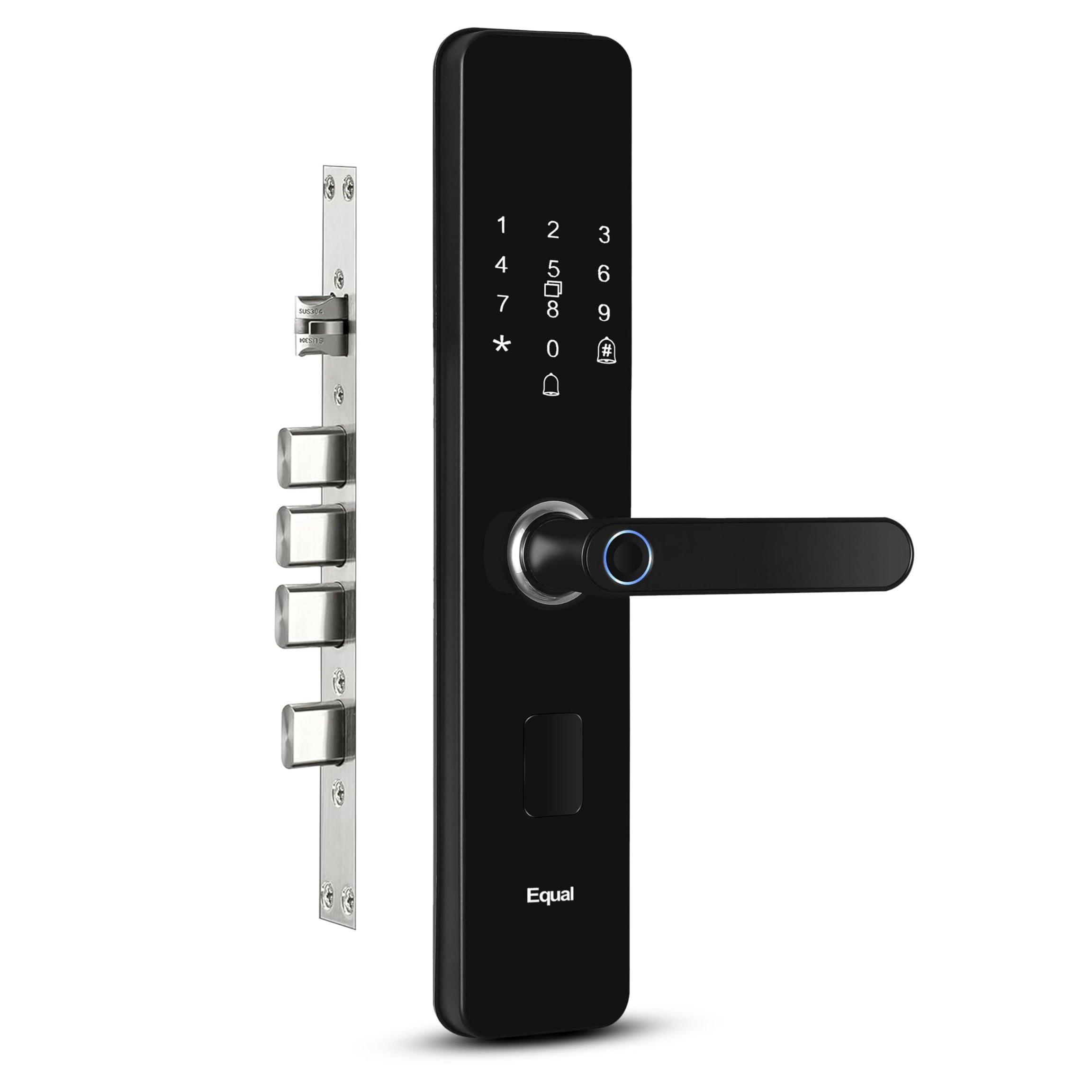 Equal Smart Door Lock A8 Wifi | 6-Way Unlocking | Fingerprint, Pincode, RFID Access Card, Mechanical Key, OTP Access, Mobile App (Wifi) for Wooden Doors | 1 Year Brand Warranty | Gloss Black