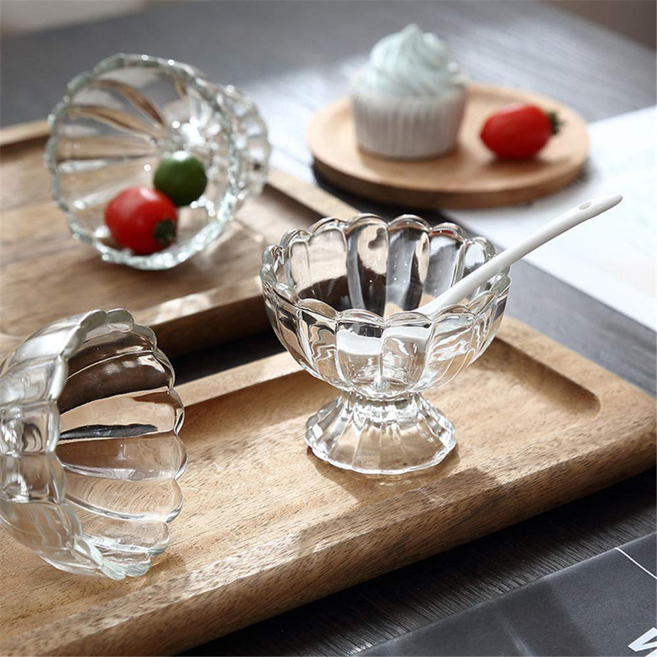 Kosh- Solid Glassware Ice Cream Cup Bowl, Custard Candy Salad Soup Dessert Serving Bowls, Flower Shape Tableware Set, 120 ml, Crystal Clear - 2 PC Perfect for Dessert