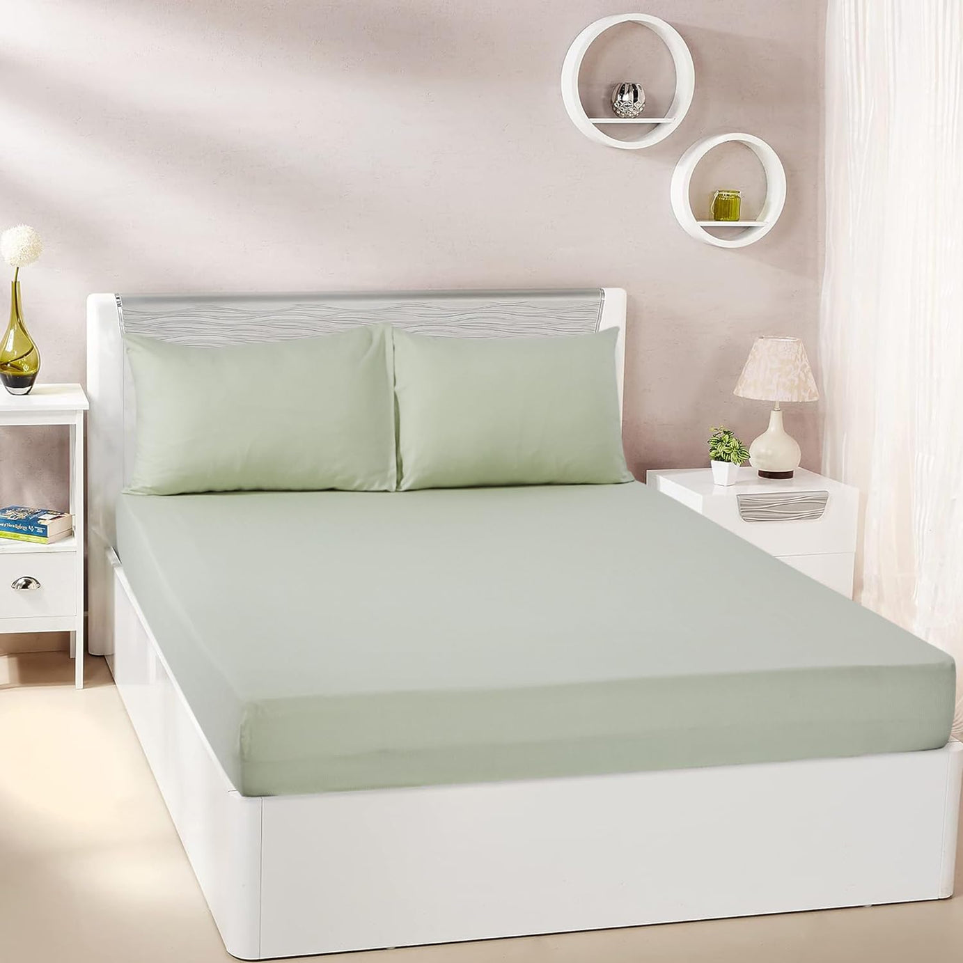 amazon basics 300 TC 100% Cotton Sateen Weave Bedsheet Set with 2 Pillow Covers | Queen Size (Light Green)