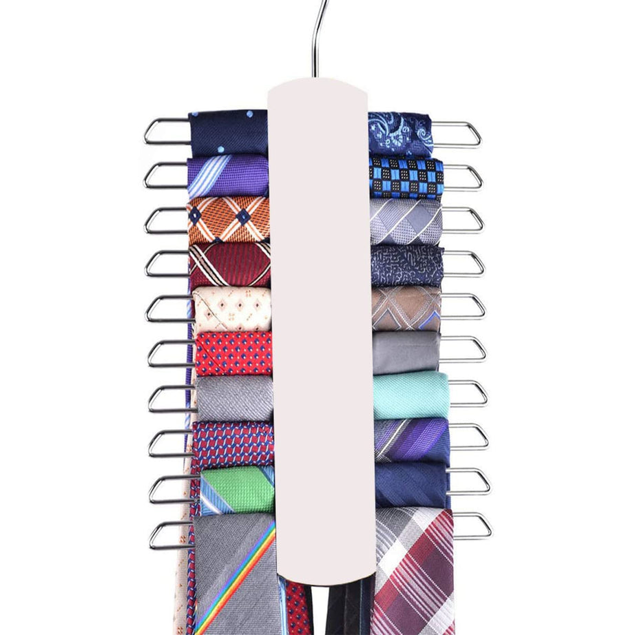 MOMISY Tie Rack Holder,Premium Wooden Necktie and Belt Hanger,Rotate to Organizer and Storage Rack with Non-Slip Clips Finish 20 Hooks,360Degree Swivel Space Saving Organizer for Men (White)