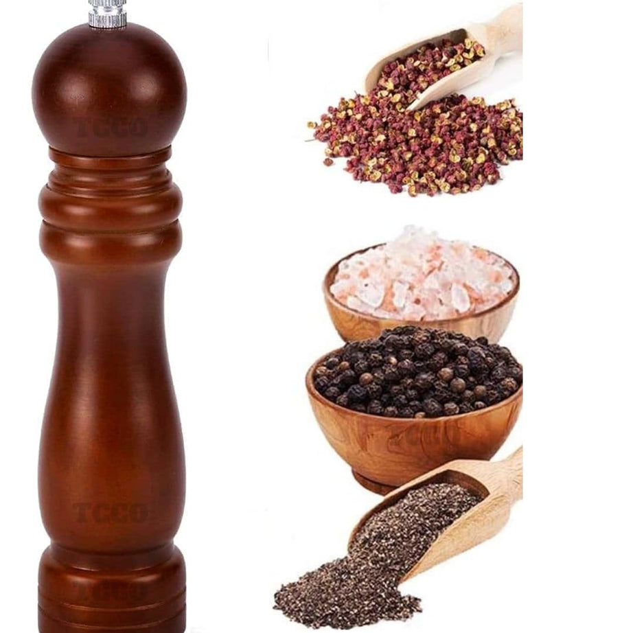 TCCO ENTERPRISE Wooden Salt and Pepper Grinder with Adjustable Ceramic Rotor Mixer Burr Mill, Salt & Spice Storage Crusher for Home Kitchen Use & Grinder/Crusher/ Shaker with Adjustable Coarseness Pepper Mill Shaker and Salt Grinders ( 8 Inch-Dark Brown)