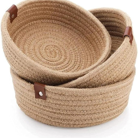 Anaant 100% Natural Jute small box mini rope paper storage Round Beige basket brown hamper baby nursery tray bucket set of 3 for Living or Drawing Room,fruits, kitchen,office,shelfs (Beige)