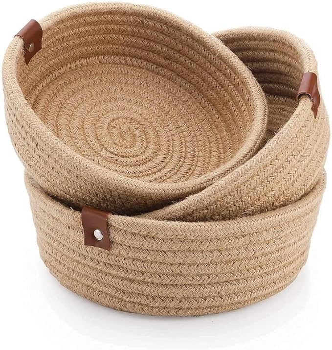 Anaant 100% Natural Jute small box mini rope paper storage Round Beige basket brown hamper baby nursery tray bucket set of 3 for Living or Drawing Room,fruits, kitchen,office,shelfs (Beige)