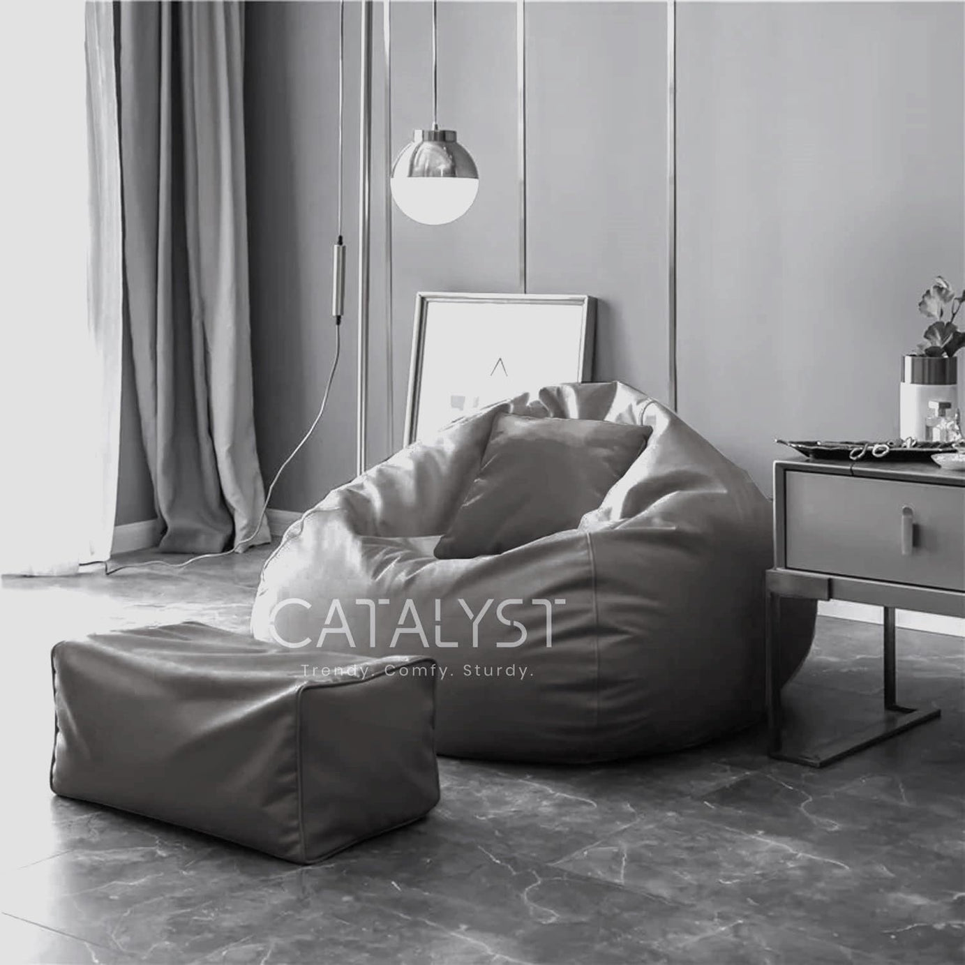 CATALYST - XXXXXL (5XL) Bean Bag with Pillow and Footrest Stool without beans | 2 Years Warranty, Original Leatherette Faux Leather Bean Bag Chair (Only Cover) without bean fillers - (GRAY)