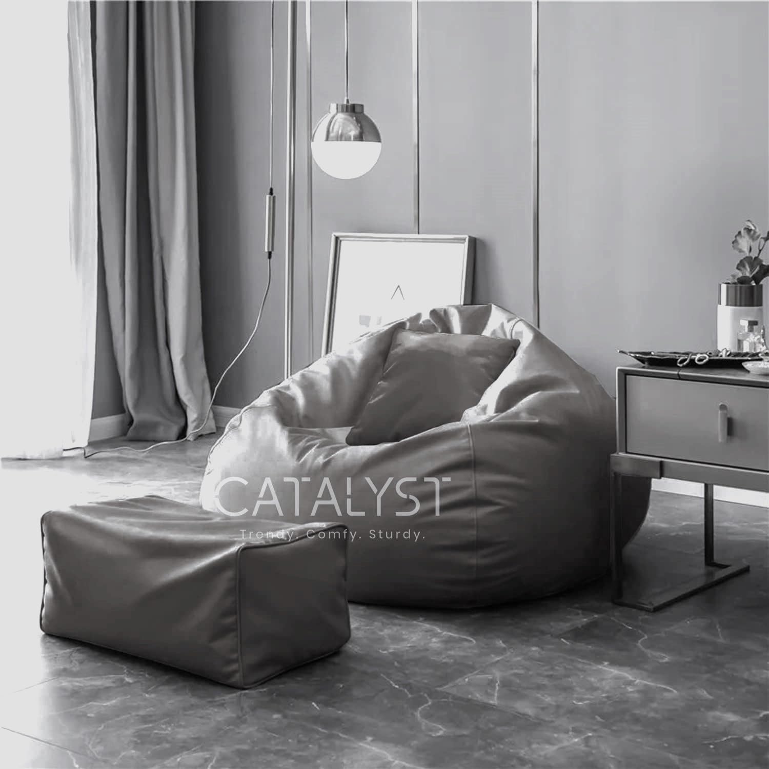 CATALYST - XXXXXL (5XL) Bean Bag with Pillow and Footrest Stool without beans | 2 Years Warranty, Original Leatherette Faux Leather Bean Bag Chair (Only Cover) without bean fillers - (GRAY)