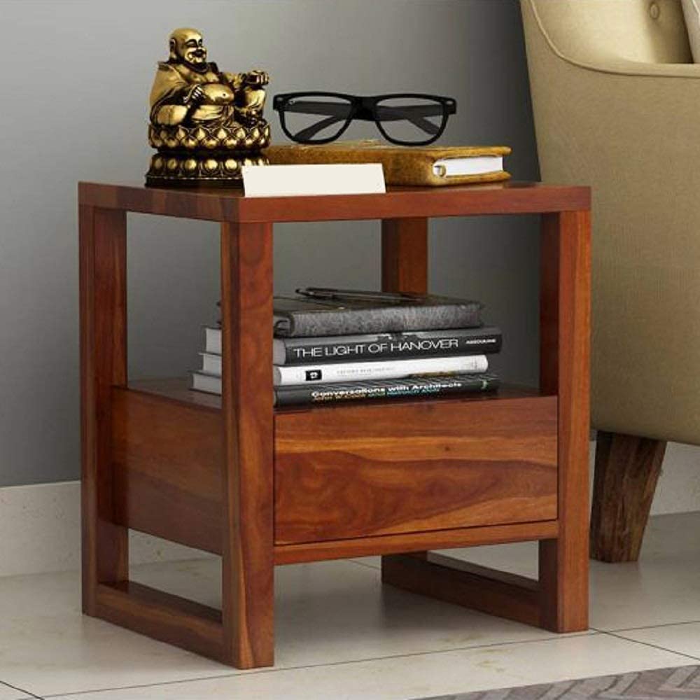 LIZZAWOOD Pure Sheesham Wood Bed Side Table with One Drawer Best for Bed Room Living Room, Made Pure Sheesham Wood Bed Side with Natural Color (Honey)