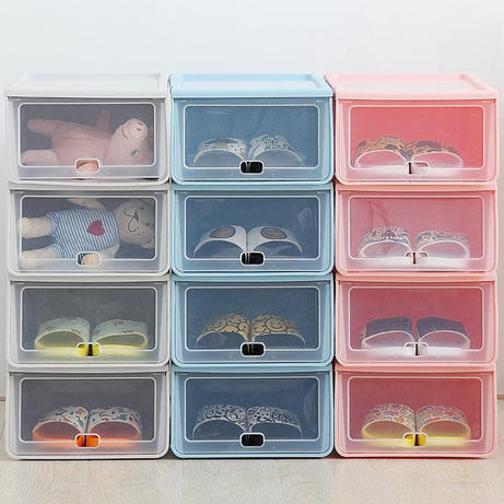 ONCARNIVAL 4Pcs Shoes Storage Box Stackable Foldable Plastic Shoes Holder Cabinet Transparent Shoes Organizer Case Clear Drawer