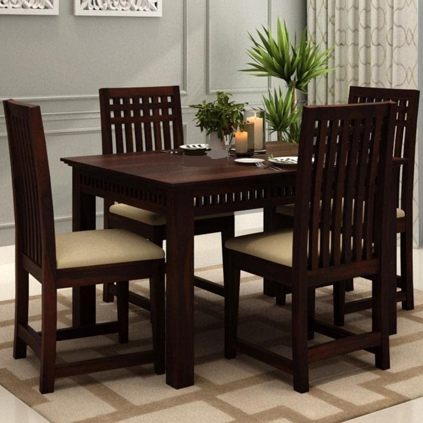 AADITYA WOODS Solid Sheesham Wood Four Seater Dining Table Set with 4 Chairs for Living Room Home Wooden 4 Seater Dining Table Set for Office Restaurant Modern Dining Room Set- Natural & Beige