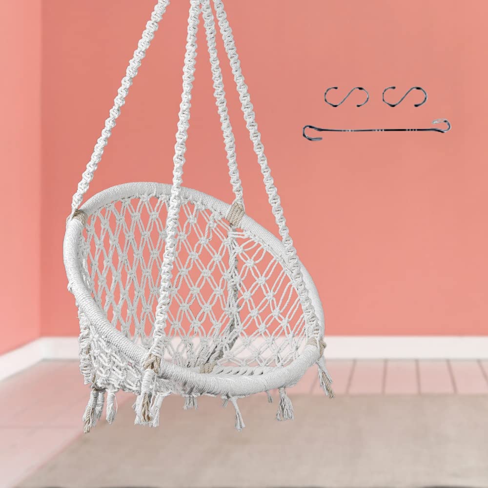 Swingzy Cotton Netted Rope Hanging Swing Chair for Adults & Kids/Swing for Balcony/Outdoor Swing Chair/Hammock Swing for Home, Patio, Garden, Indoor (120 Kg Capacity, White)