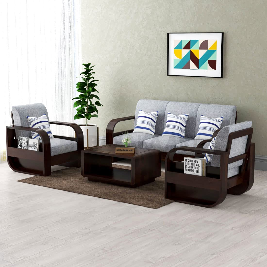 MURARAKA ART Sheesham Wood 5 Seater Sofa Set for Living Room Furniture Wooden Sofa Set 5 Seater for Home & Office (3+1+1 Sofa, Walnut Finish)